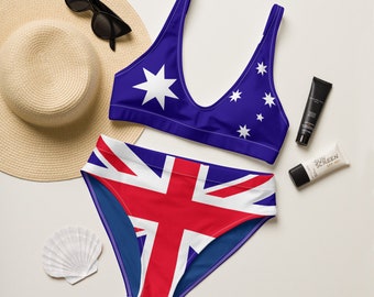 Australia Babe Aussie Girl Recycled 2-piece swimsuit Down Under Life Australia Flag Australian Outback Pride high-waisted Bathing Suit