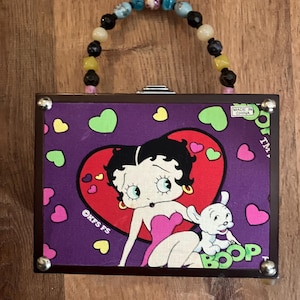Betty Boop  Fabric On Wood Box Purse Hearts Purple Red Beaded Handle Mirror inside by KFS FS