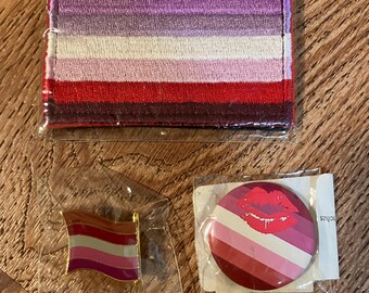 LGBTQ Lesbian Pride Flag Patch Lipstick Pin And Button Set Of 3 Lesbian Lipstick