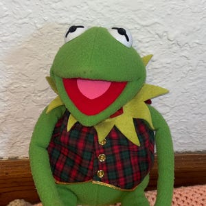 Pode incluir: Um boneco de pelúcia de sapo com grandes olhos brancos e pupilas pretas, corpo verde brilhante e colarinho pontiagudo. O sapo veste um colete xadrez vermelho e verde com três botões dourados na frente e um fino acabamento dourado na bainha.