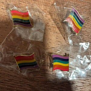 Peut inclure: Quatre épingles représentant un drapeau arc-en-ciel avec des bordures dorées sont présentées dans des emballages individuels en plastique transparent. Les épingles présentent les couleurs du drapeau de la fierté LGBTQ+.