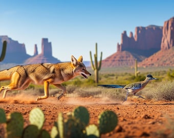 Coyote Roadrunner Southwest Desert Art Print, Mid Century Modern Wall Decor (Digital Download)