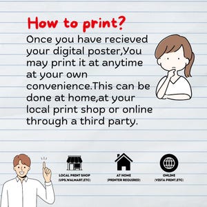 May include: Illustration of a person thinking about how to print a digital poster. The text says "How to print? Once you have received your digital poster, you may print it at anytime at your own convenience. This can be done at home, at your local print shop or online through a third party." There are three icons below the text: a store, a house, and a globe. The store icon says "Local Print Shop (UPS, Walmart, etc)". The house icon says "At Home (Printer Required)". The globe icon says "Online (Vista Print, etc)".
