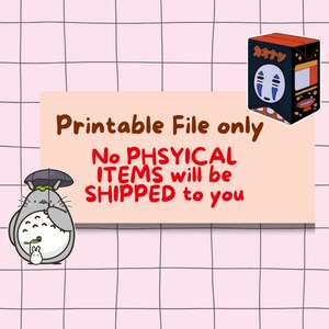 Puede incluir: Un fondo de cuadr&iacute;cula rosa y blanco con un rect&aacute;ngulo marr&oacute;n claro en el centro. El rect&aacute;ngulo tiene el texto "Printable File only" en marr&oacute;n y "No PHYSICAL ITEMS will be SHIPPED to you" en rojo. Un personaje de dibujos animados con un paraguas negro y un conejito blanco est&aacute; a la izquierda del rect&aacute;ngulo. Una caja de dibujos animados con un car&aacute;cter japon&eacute;s y una cara de dibujos animados est&aacute; a la derecha del rect&aacute;ngulo.