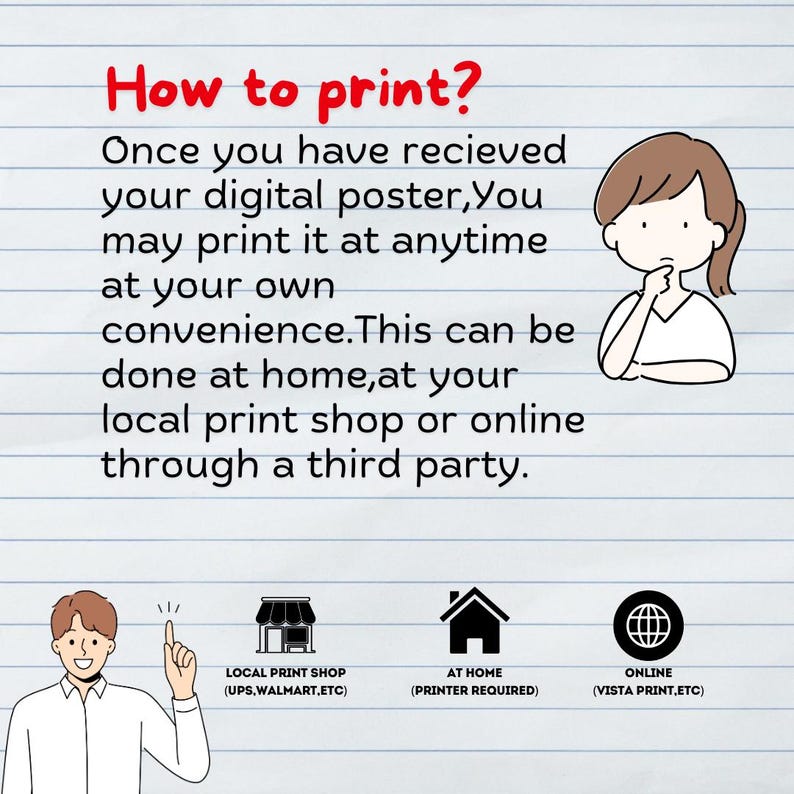 Pode incluir: Ilustra&ccedil;&atilde;o de uma pessoa pensando em como imprimir um cartaz digital. O texto diz "Como imprimir? Depois de receber o seu cartaz digital, pode imprimi-lo a qualquer momento, &agrave; sua conveni&ecirc;ncia. Isso pode ser feito em casa, na sua loja de impress&atilde;o local ou online atrav&eacute;s de um terceiro." Tr&ecirc;s &iacute;cones representam as op&ccedil;&otilde;es: uma loja, uma casa e um globo.