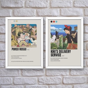 May include: Two minimalist movie posters with white frames. The left poster features a colourful illustration of the animated film "Porco Rosso" with the title and year "Porco Rosso 1992" below the image. The right poster features a colourful illustration of the animated film "Kiki's Delivery Service" with the title and year "Kiki's Delivery Service 1989" below the image.