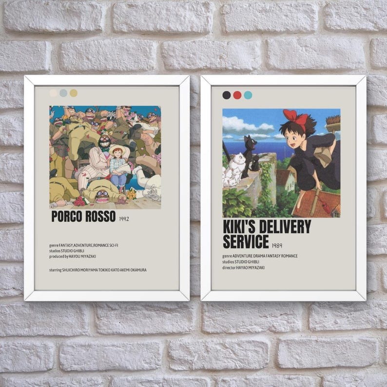 May include: Two minimalist movie posters with white frames. The left poster features a colourful illustration of the animated film "Porco Rosso" with the title and year "Porco Rosso 1992" below the image. The right poster features a colourful illustration of the animated film "Kiki's Delivery Service" with the title and year "Kiki's Delivery Service 1989" below the image.