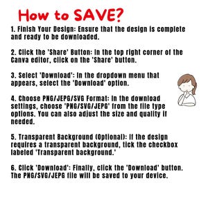 K&ouml;nnte beinhalten: Wei&szlig;er Hintergrund mit rotem Text "How to SAVE?" (Wie speichert man?). Nummerierte Anweisungen zum Herunterladen eines Designs. Enth&auml;lt eine kleine Illustration einer Person. Enth&auml;lt 'Teilen' und 'Herunterladen'.
