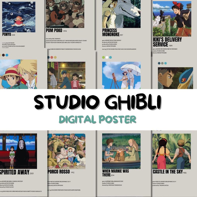 May include: A digital poster featuring a collage of movie posters from Studio Ghibli films. The posters are arranged in a grid pattern and feature iconic characters and scenes from each film. The films featured are: Ponyo, Pom Poko, Princess Mononoke, Kiki's Delivery Service, Spirited Away, Porco Rosso, When Marnie Was There, and Castle in the Sky.