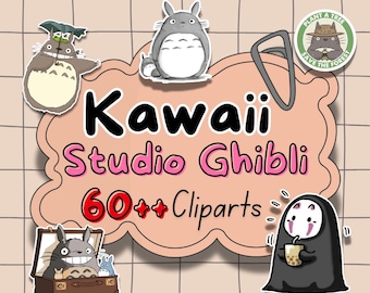 Może przedstawiać: Kolekcja klipartów Kawaii Studio Ghibli, w tym postacie Totoro i No-Face. Projekt zawiera różowy baner w kształcie chmury z tekstem "Kawaii Studio Ghibli 60++ Cliparts". Tło to wzór kratki.