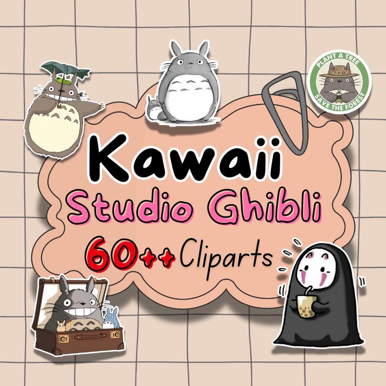 K&ouml;nnte beinhalten: Eine Sammlung von Kawaii Studio Ghibli Cliparts, darunter Totoro-Charaktere und Ohngesicht. Das Design zeigt ein rosa wolkenf&ouml;rmiges Banner mit dem Text "Kawaii Studio Ghibli 60++ Cliparts". Der Hintergrund ist ein Rastermuster.