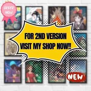 Pode incluir: Uma colagem de nove ilustra&ccedil;&otilde;es emolduradas com v&aacute;rios personagens e cenas. As ilustra&ccedil;&otilde;es s&atilde;o em v&aacute;rios estilos, incluindo anime, desenho animado e realista. O texto "FOR 2ND VERSION VISIT MY SHOP NOW!" &eacute; exibido em um bal&atilde;o de fala amarelo no centro da imagem. O texto "NEW" &eacute; exibido em um bal&atilde;o de fala vermelho no canto inferior direito da imagem.