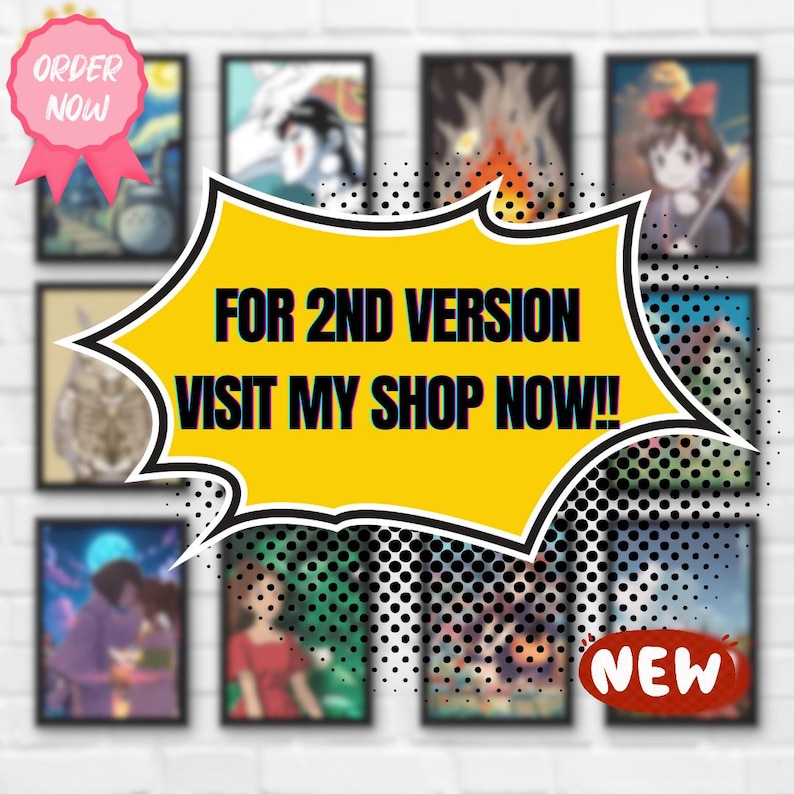 Pode incluir: Uma colagem de nove ilustra&ccedil;&otilde;es emolduradas com v&aacute;rios personagens e cenas. As ilustra&ccedil;&otilde;es s&atilde;o em v&aacute;rios estilos, incluindo anime, desenho animado e realista. O texto "FOR 2ND VERSION VISIT MY SHOP NOW!" &eacute; exibido em um bal&atilde;o de fala amarelo no centro da imagem. O texto "NEW" &eacute; exibido em um bal&atilde;o de fala vermelho no canto inferior direito da imagem.
