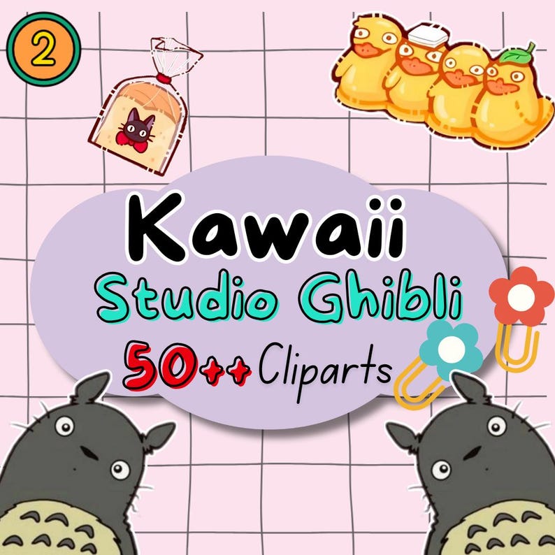 Puede incluir: Una nube morada con el texto "Kawaii Studio Ghibli 50+ Cliparts" en negro y turquesa.  Hay dos personajes Totoro negros y grises a cada lado de la nube.  Tambi&eacute;n hay im&aacute;genes de una hogaza de pan con un gato negro encima, y una fila de patitos amarillos con una hoja verde en el &uacute;ltimo.