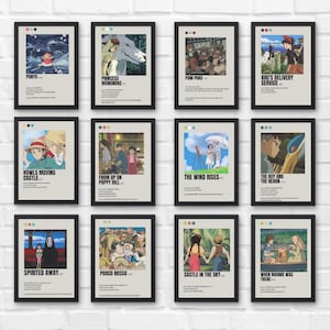 May include: A collage of 10 minimalist movie posters featuring Studio Ghibli films. Each poster features a simple design with the film's title and a small image from the movie. The posters are framed in black and have a light beige background.