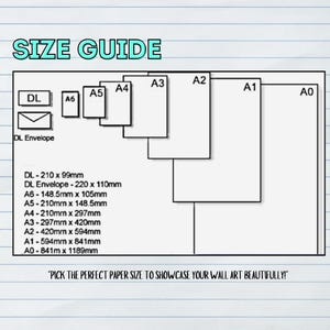 May include: A size guide for paper sizes, including DL, A6, A5, A4, A3, A2, A1, and A0. The guide shows the dimensions of each paper size in millimetres. The text "Pick the perfect paper size to showcase your wall art beautifully!" is at the bottom of the guide.