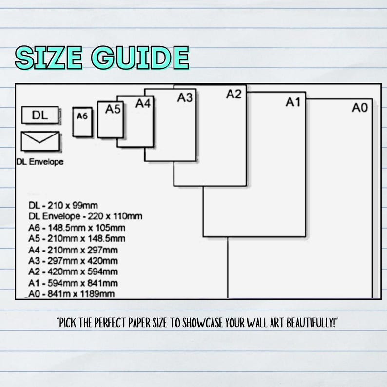 May include: A size guide for paper sizes, including DL, A6, A5, A4, A3, A2, A1, and A0. The guide shows the dimensions of each paper size in millimetres. The text "Pick the perfect paper size to showcase your wall art beautifully!" is at the bottom of the guide.