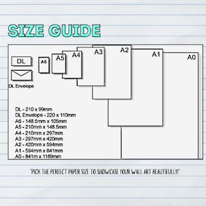 Pode incluir: Um guia de tamanhos para pap&eacute;is, incluindo DL, A6, A5, A4, A3, A2, A1 e A0. O guia mostra as dimens&otilde;es de cada tamanho de papel em mil&iacute;metros. O texto "Escolha o tamanho de papel perfeito para exibir sua arte de parede lindamente!" est&aacute; na parte inferior do guia.