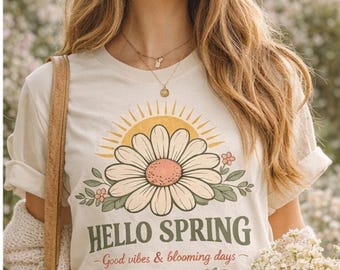 Hallo Lente PNG | Bloemen Madeliefjes T-shirt Ontwerp | Retro Boho Lente T-shirt Grafisch ontwerp | Wilde Bloemen Sublimatie PNG | Lente Vibes T-shirt Ontwerp