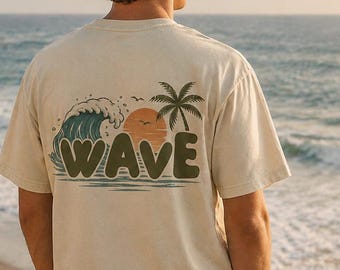T-shirt met golfmotief PNG, strandshirtontwerp, oceaan-T-shirt, zomer-T-shirt met grafische print, T-shirt met palmbomen en zonsondergang, kustsublimatie download, vakantieshirt