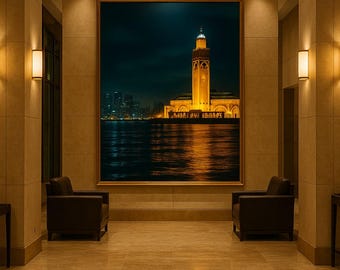 Digitaal kunstwerk "Hassan II Moskee - Casablanca bij nacht" | Marokko wandposter, Oosterse kunst, Moderne decoratie, Marokko print