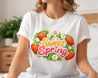 Schattig T-shirt met aardbeienmotief voor de lente | Leuke aardbeienbloemenprint | Lente-esthetisch shirt PNG | Cottagecore bessendesign | Print op bestelling