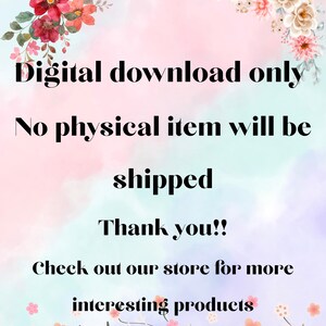 Pode incluir: An&uacute;ncio de download digital em um fundo de aquarela. O texto diz: "Somente download digital. Nenhum item f&iacute;sico ser&aacute; enviado. Obrigado!! Confira nossa loja para produtos mais interessantes."