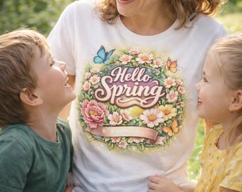 Hallo Lente T-shirt PNG, Lente bloemen T-shirt ontwerp, Vlinder bloem shirt, Lente sublimatie ontwerp, Lente shirt PNG, Printbaar T-shirt