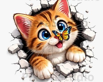 Cute Kitten PNG | Cat Lover T-Shirt Design | Cartoon Cat Breaking Wall | Funny Cat Graphic | Sublimation Print | Kids & Adults Tee