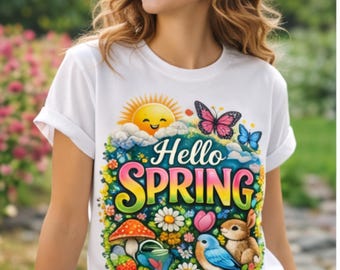 Hallo Lente T-shirt ontwerp PNG, Lente shirt afbeelding, T-shirt met lente dieren, Paashaas T-shirt ontwerp, Sublimatie PNG, Bloemen Lente T-shirt