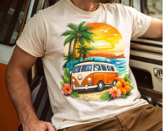 Vintage surfbus PNG, T-shirtontwerp met zonsondergang op het strand, retro zomervakantie shirt, tropische buslife sublimatie PNG, surfstrand shirt