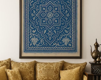Marokkaans motief - digitale schilderkunst, geometrische architecturale kunst, boho-decoratie, printbare wandkunst met Marokkaans blauw patroon, digitale download