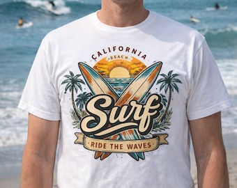 Surfshirt Vintage California Beach Tee, Retro Surf T-shirt, Ride The Waves Graphic, Zomers strandshirt, Surfer cadeau, T-shirt met kustuitstraling