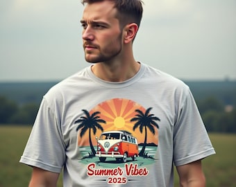 T-shirtontwerp "Summer vibes 2025" | Draagtassen en handtassen | Digitale download | Zomerzon | Positieve vibes | Palmbomen | Vintage busje