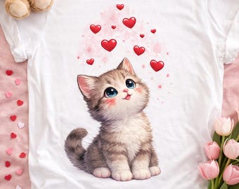 Schattige Valentijnskat PNG | Kawaii katje met hartjes | Liefdeskat T-shirt ontwerp | Digitale download, Valentijnsdagcadeau