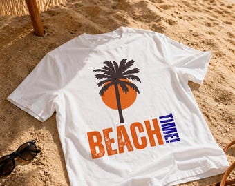 Beach Time Shirt PNG, Summer Vacation T-shirt Design, Palm Tree Sunset Graphic, Tropical Beach Tee, Coastal Summer Sublimation Download
