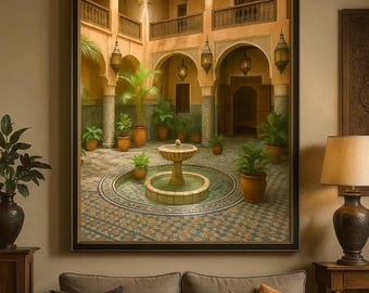 Marokkaanse binnenplaats muurkunst om af te drukken, oosterse patio digitale download, boho home decor afdrukbare poster, Marokkaanse riad schilderij, digitale kunst