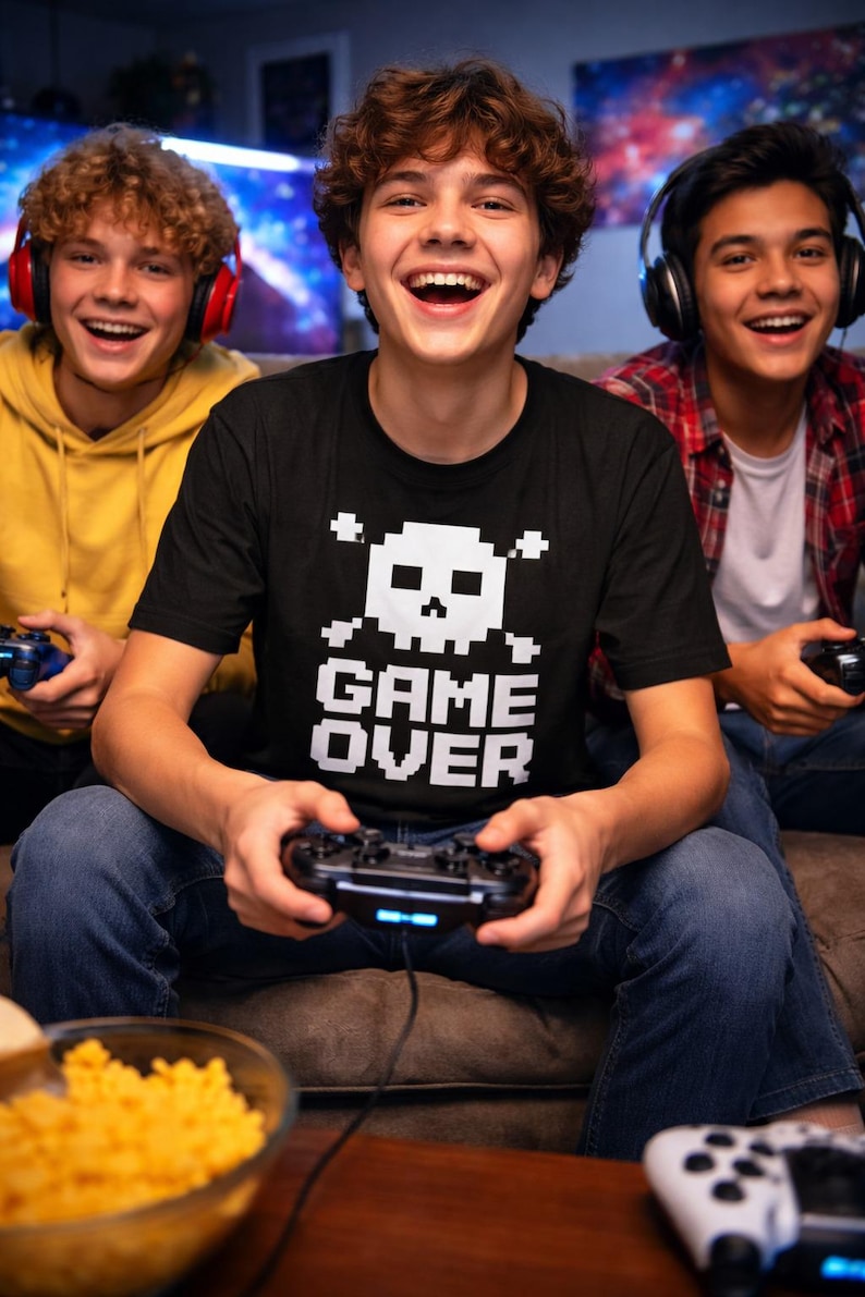 Pode incluir: Tr&ecirc;s jovens sorriem enquanto jogam videojogos. A pessoa do centro usa uma camiseta preta com um desenho pixelizado de caveira e ossos cruzados e as palavras "GAME OVER". Cada pessoa segura um controle de jogo.