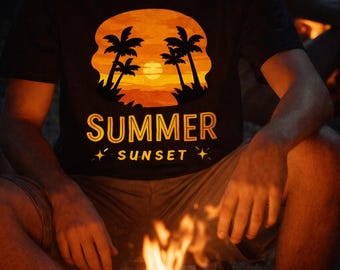 Zomerse zonsondergang tropisch vintage T-shirt, palmbomen strandshirt, retro zomerse vibes T-shirt, unisex grafisch T-shirt, vakantie strandkleding