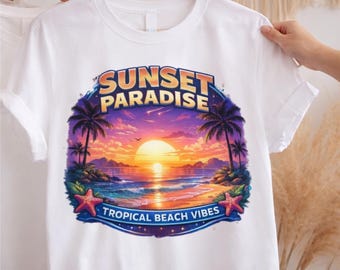 T-shirtontwerp Sunset Paradise PNG, Tropisch strandshirt, T-shirt met zomervakantie-thema, Sublimatieprint van een strandzonsondergang, Printbaar tropisch shirt