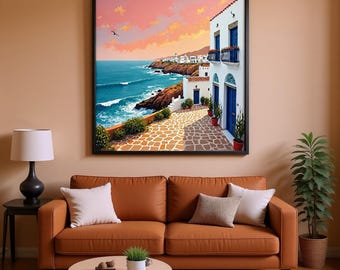 Mediterranean Digital Painting – Printable Wall Art | Coastal Landscape, Sunset, Home Decor, Digital Art PNG