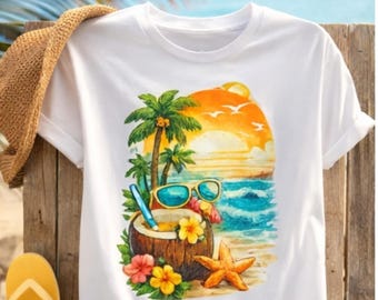 Camiseta com estampa de pôr do sol na praia, camiseta para férias de verão, camiseta com estampa de bebida de coco, camiseta de praia havaiana, camiseta de paraíso tropical, presente para quem ama praia.