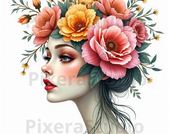 4 Floral Woman Cliparts, Abstract Wildflowers, Printable Clipart, High Quality PNG, Digital Download, Woman Portraits