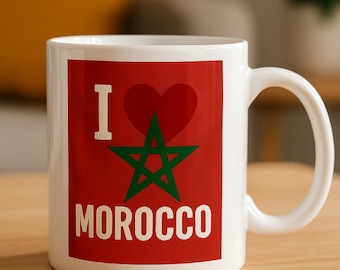 Mok van I Love Morocco | Digitale mok met Marokkaanse vlag | Digitale download | Reiscadeau Marokko | Marokkaanse printbare kunst, reissouvenirmok