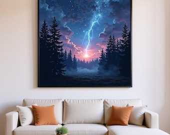 Mystieke bliksem boven bosposter – kosmische zonsondergangposter | Digitale kunst van de natuur en de nachtelijke hemel | Bos bij zonsondergang