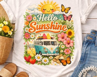 Pacote de PNGs para camisetas de primavera/verão, design floral ensolarado para camisetas, estampa floral boho retrô para camisetas, design fofo para camisetas de verão, download digital