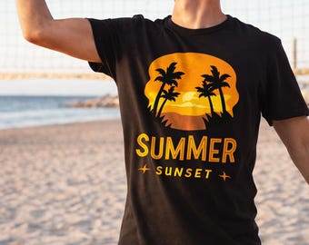 Summer Sunset Tropical Vintage T-shirt, Palm Tree Beach Shirt, Retro Summer Vibes Tee, Unisex Graphic Tee, Vacation Beachwear