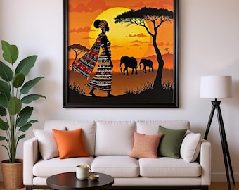 Afrikaanse printposter | Digitale kunst met silhouet van vrouw en olifant | Etnische Boho-wanddecoratie | Direct downloaden | Elegantie