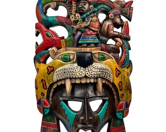 プレヒスパニックの木製マスク、マヤ文化、メキシコの壁画、手彫り