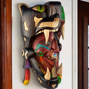 Prehispanic Mayan wall decor, Mexican painting, Quetzalcoatl, Prehepatic, Wood carving, Handcrafted, Skull, Mayan Art, Mexican Art